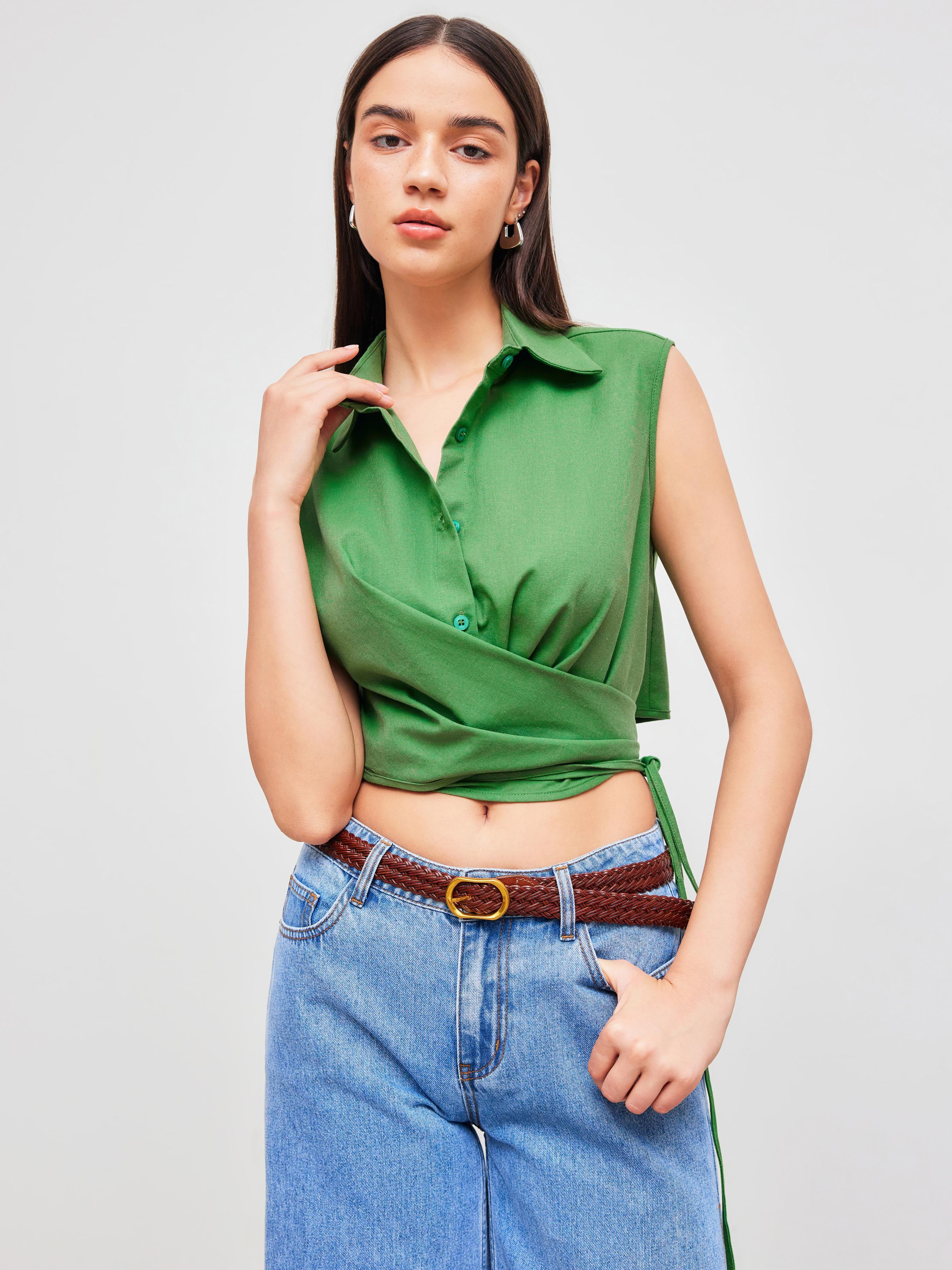 Linen-blend Polo Solid Wrap Button Knotted Crop Top Product Image