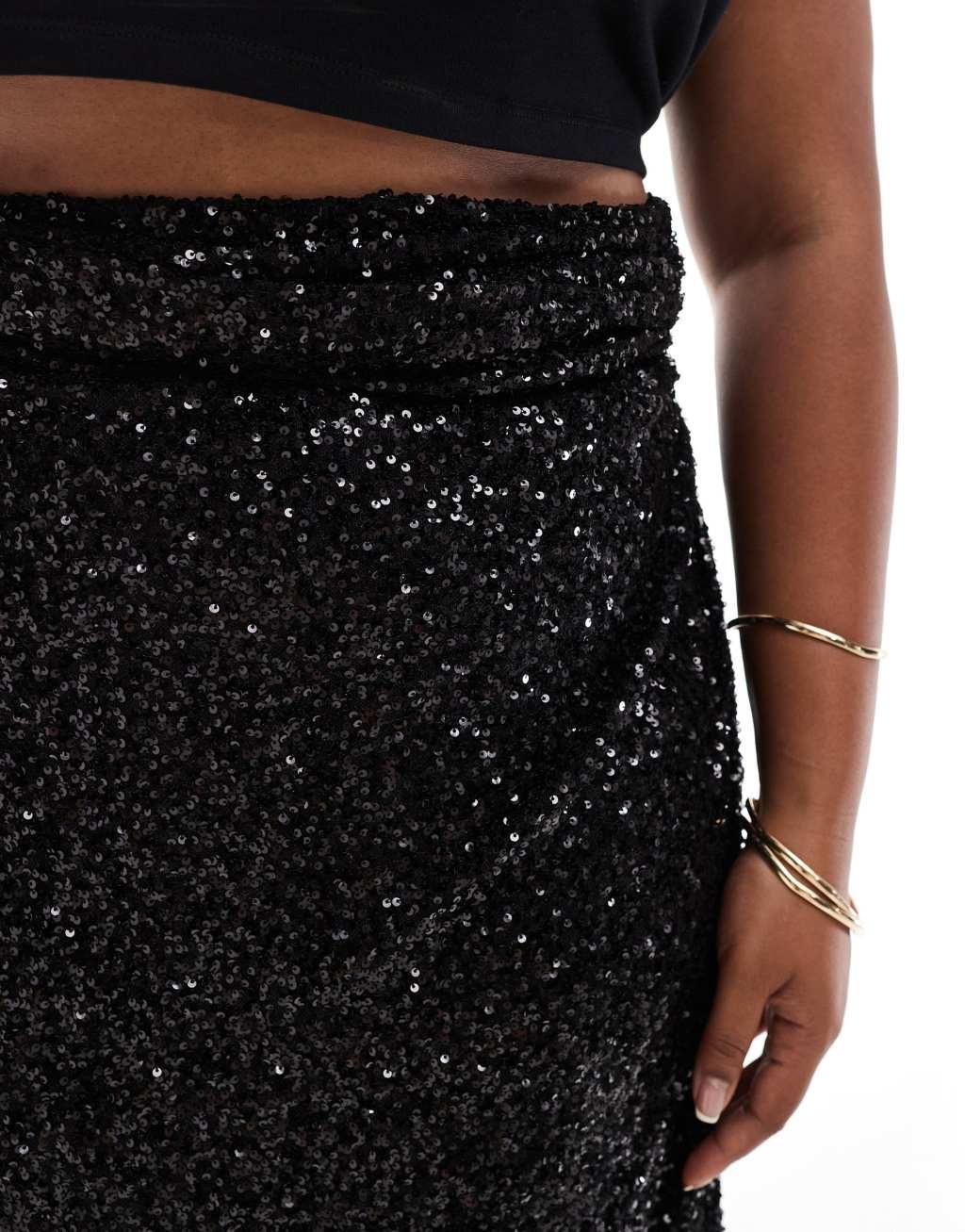 Never Fully Dressed Plus Jaspre sequin wrap maxi skirt in black  Product Image