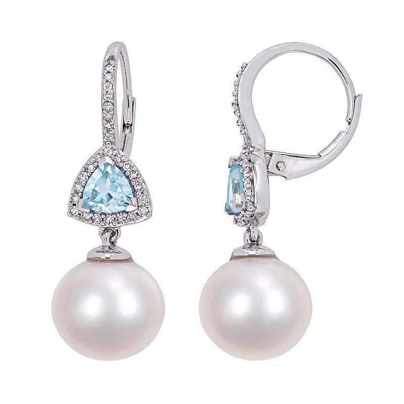 Stella Grace 10k White Gold Freshwater Cultured Pearl & Blue Topaz Leverback Earrings, Womens, 10k Whgold Product Image