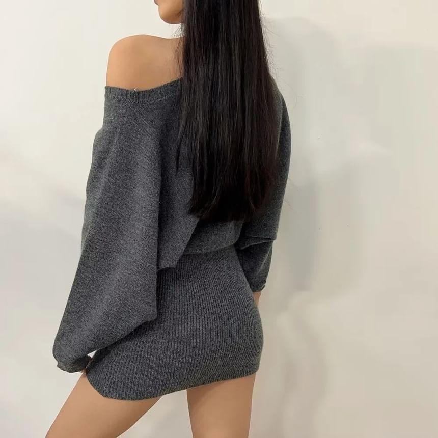 Off Shoulder Plain Mini Sweater Dress Product Image