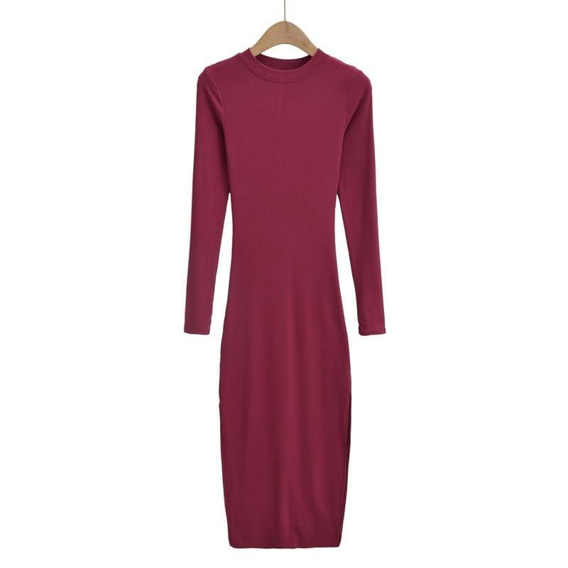 Long-Sleeve Crew Neck Plain Slit Midi Bodycon Dress Product Image