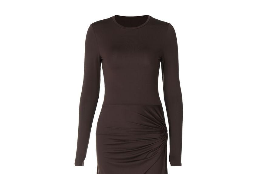 Long Sleeve Crew Neck Plain Slit A-Line Maxi Dress Product Image