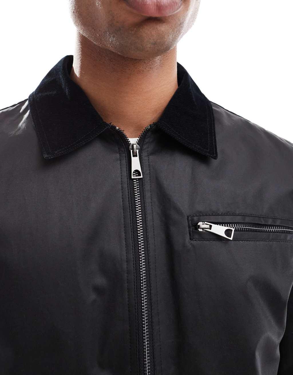 ASOS DESIGN waxed worker jacket with contrast cord collar in black  Product Image