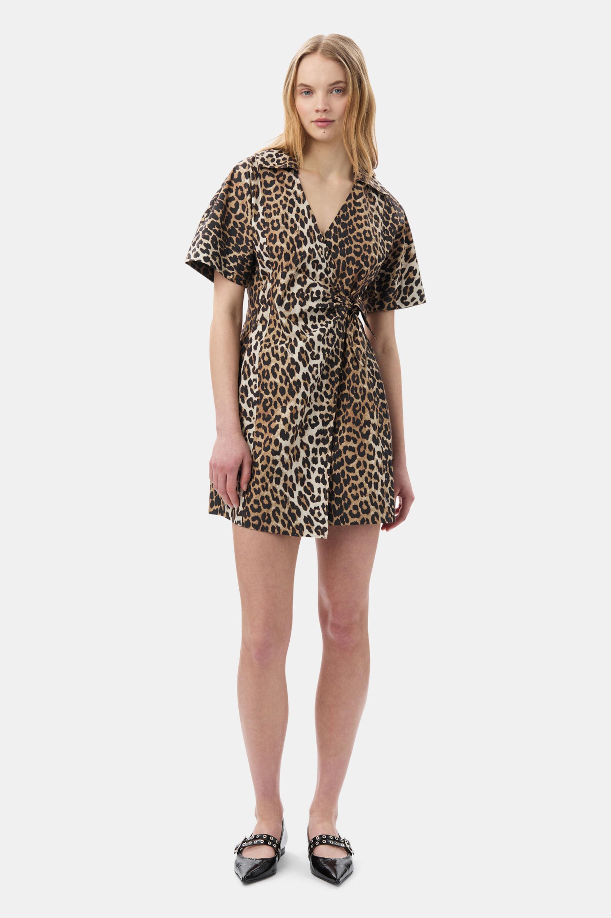 Leopard Printed Cotton Wrap Mini Dress Product Image