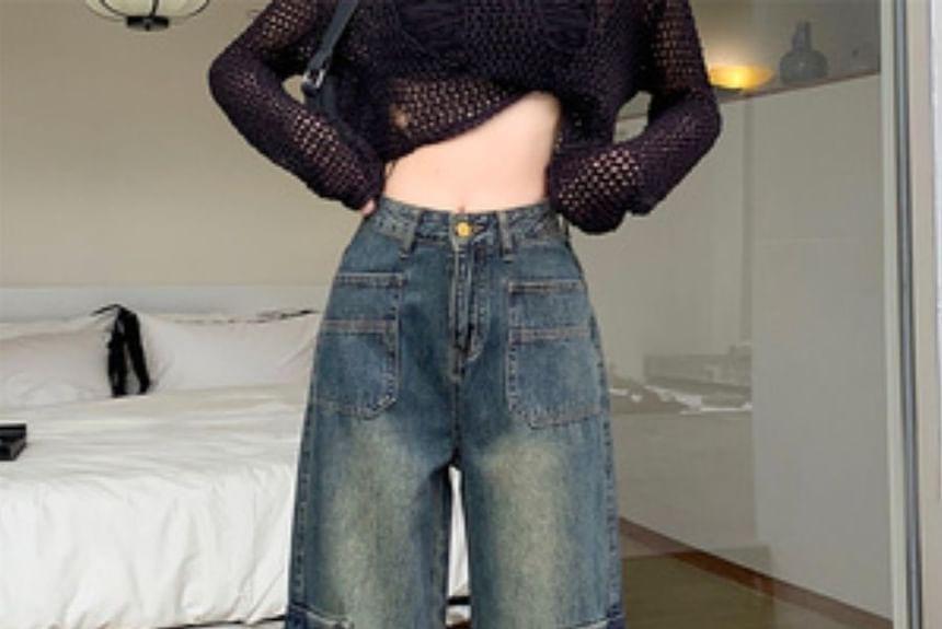 Mid Waist Washed Wide Leg Cargo Jeans Product Image