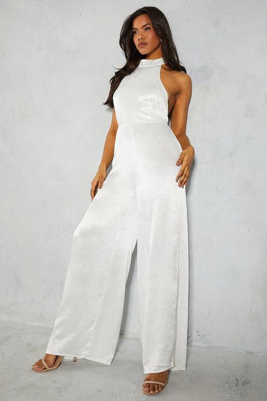 Textured Satin Halterneck Low Back Wide Leg Jumpsuit  Product Image