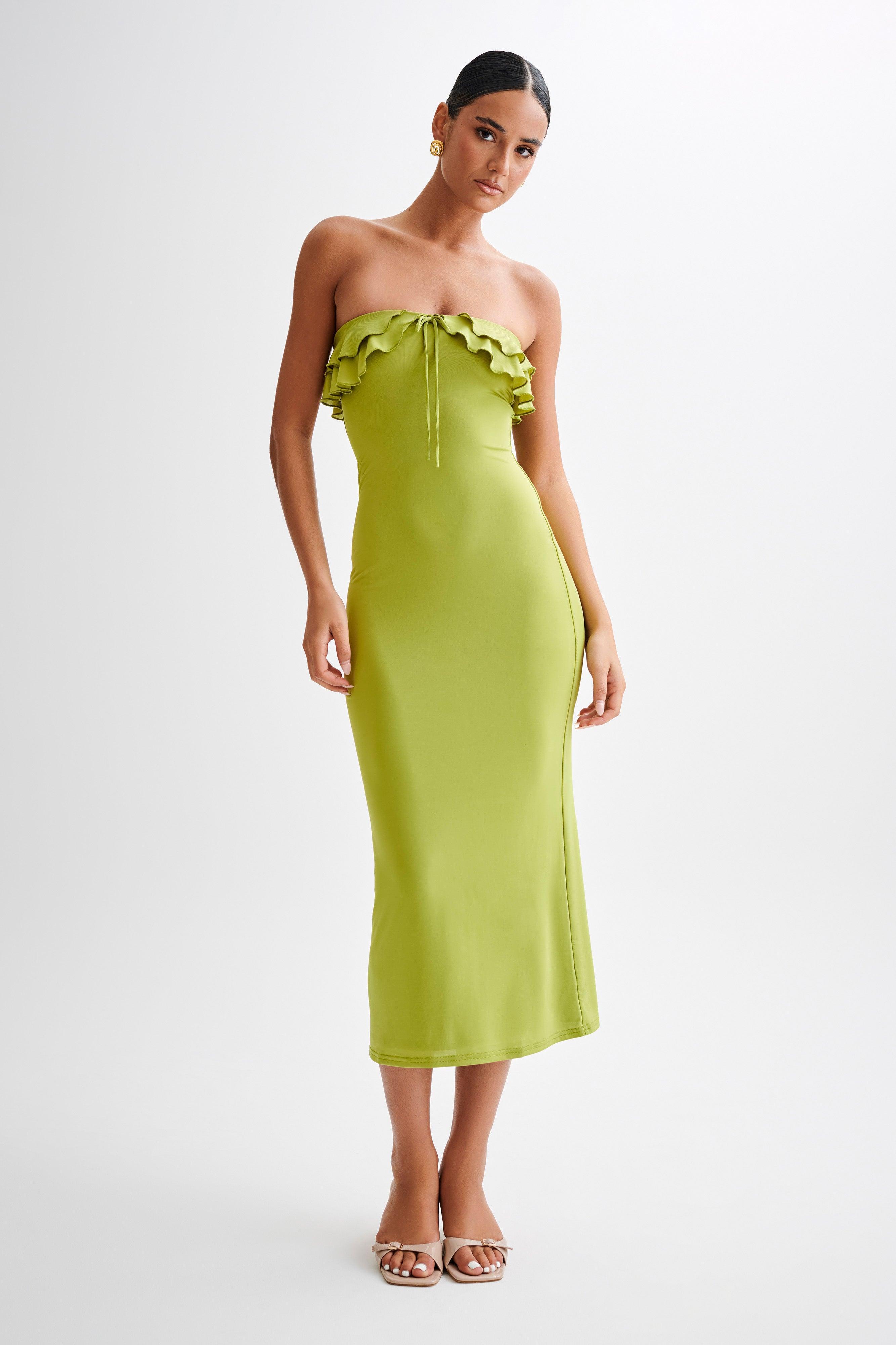 Bea Strapless Slinky Ruffle Midi Dress - Apple Product Image