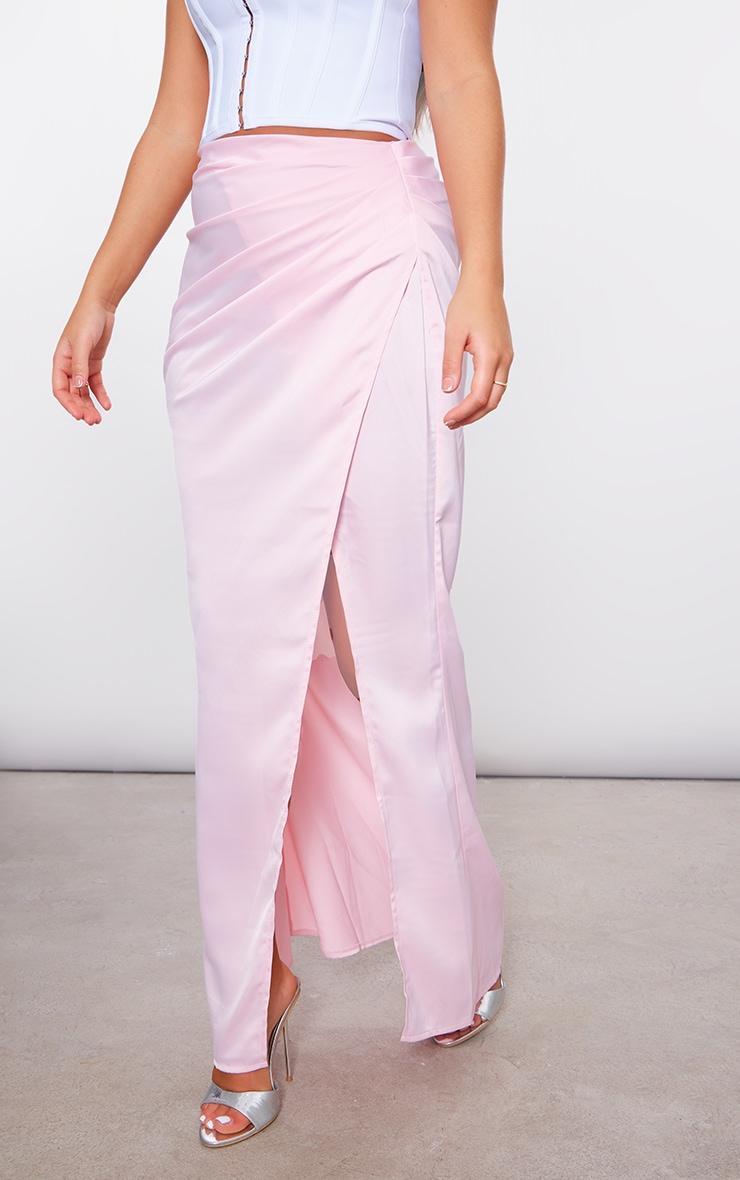 Pale Pink Structured Satin V Front Ruched Split Front Maxi Skirt Product Image