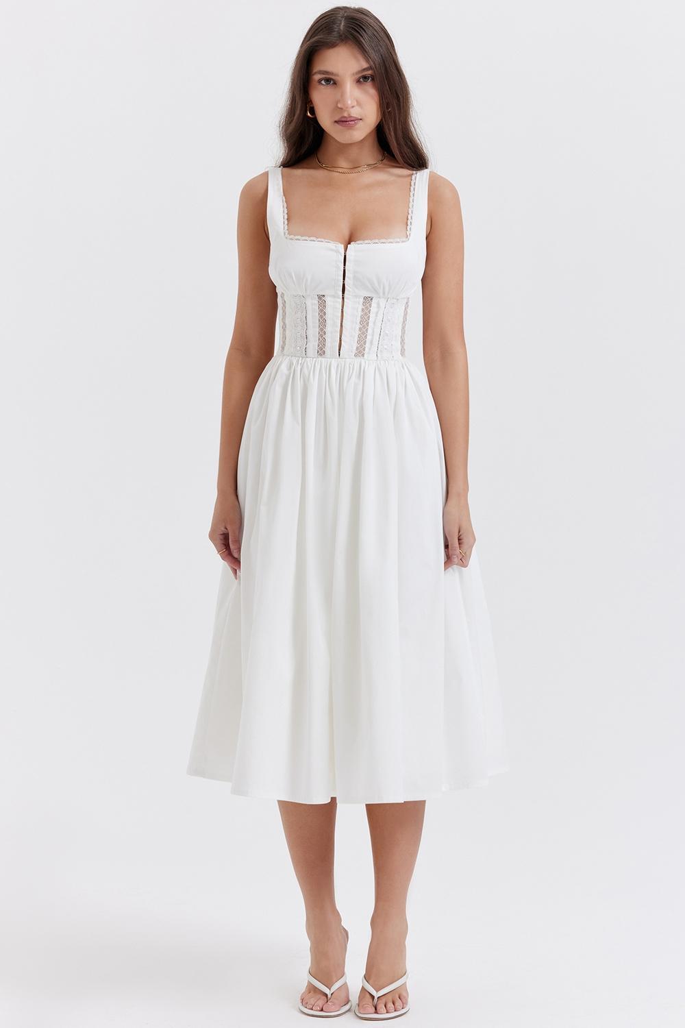 Perle White Lace Trim Midi Dress Product Image