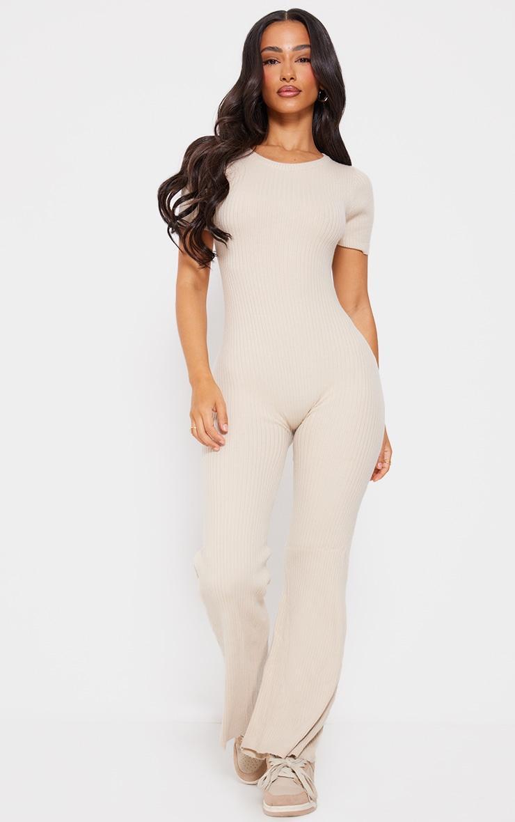 Petite Cream Knitted Zip Up Jumpsuit Product Image