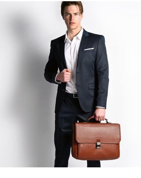 PIQUADRO Expandable Leather Briefcase In Brown Product Image