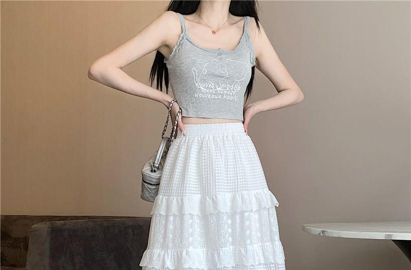 Elastic Waist Plain Embroidered Eyelet Tiered Panel Maxi A-Line Skirt Product Image