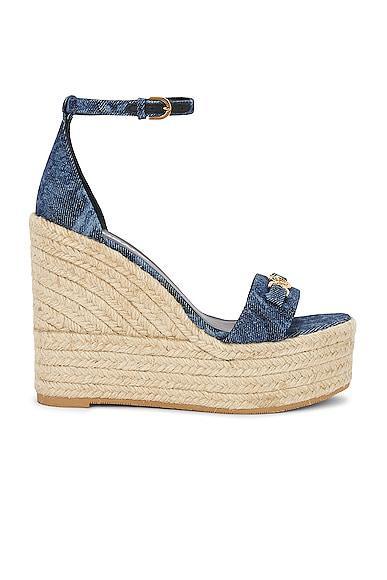 VERSACE Fabric Wedge Espadrille Sandal in Blue - Blue. Size 38.5 (also in 36.5, 37, 37.5, 38, 39.5, 40, 41). Product Image