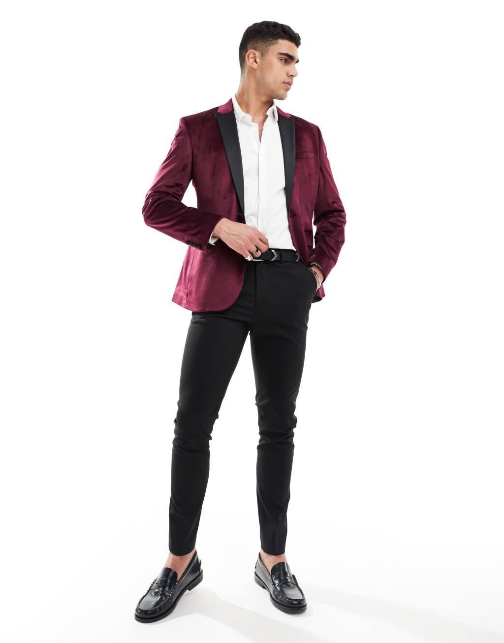 ASOS DESIGN skinny velvet tuxedo blazer in burgundy Product Image