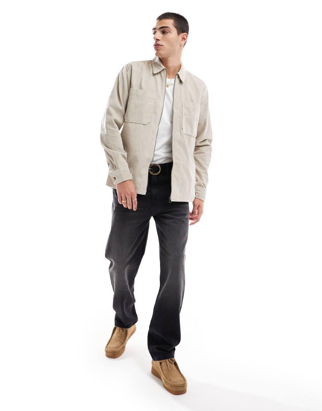 ONLY & SONS zip through cord overshirt in stone Product Image