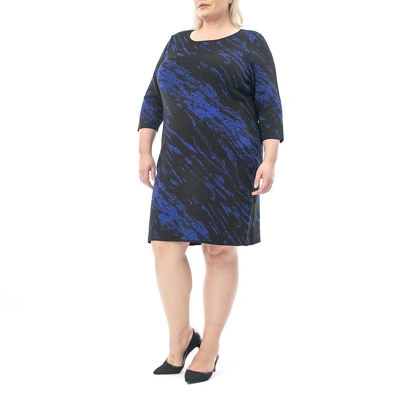 Plus Size Nina Leonard Jacquard Sheath Sweater Dress, Womens Black Deep Blue Product Image