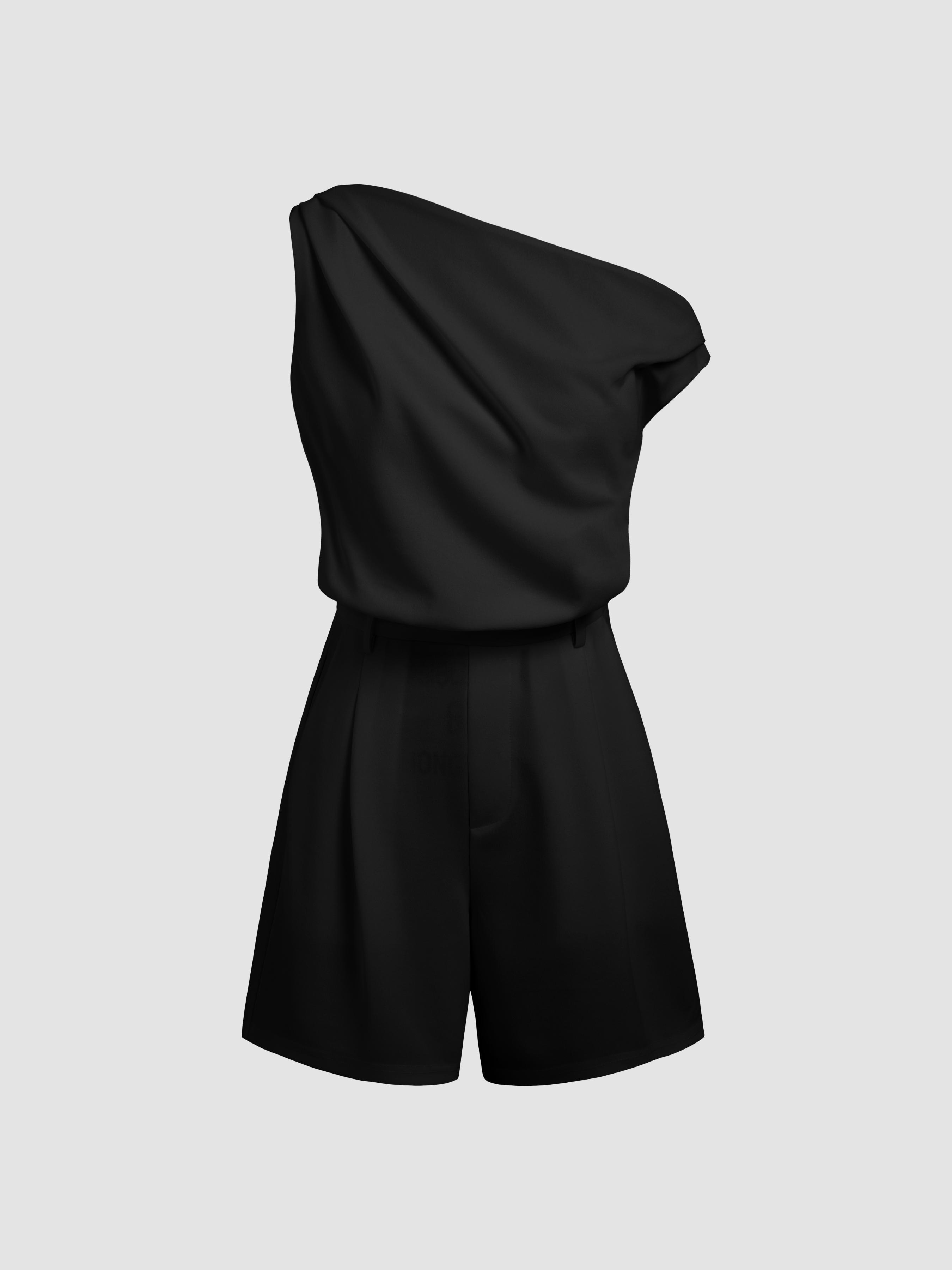 Asymmetrical Neck Solid Pleated Romper Product Image