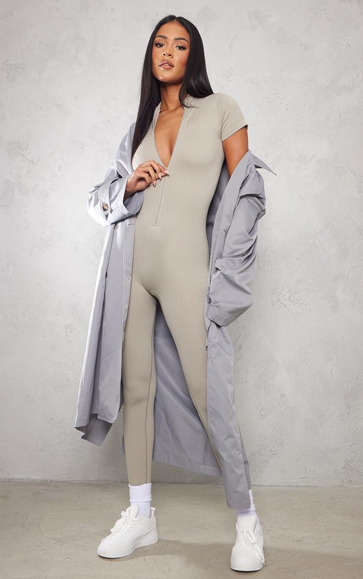 Tall Pale Khaki Structured Snatched Rib Short Sleeve Jumpsuit Product Image