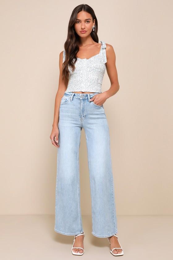 Palazzo Light Wash Denim High Rise Wide-Leg Jeans Product Image