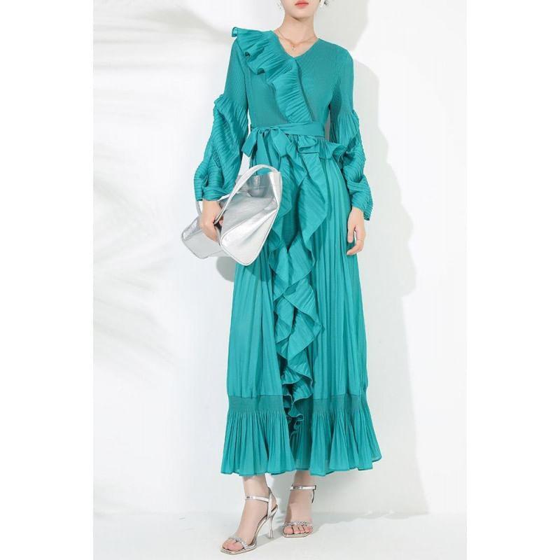 Long-Sleeve V-Neck Plain Ruffle Trim Crinkle Tie Waist Maxi A-Line Dress Product Image