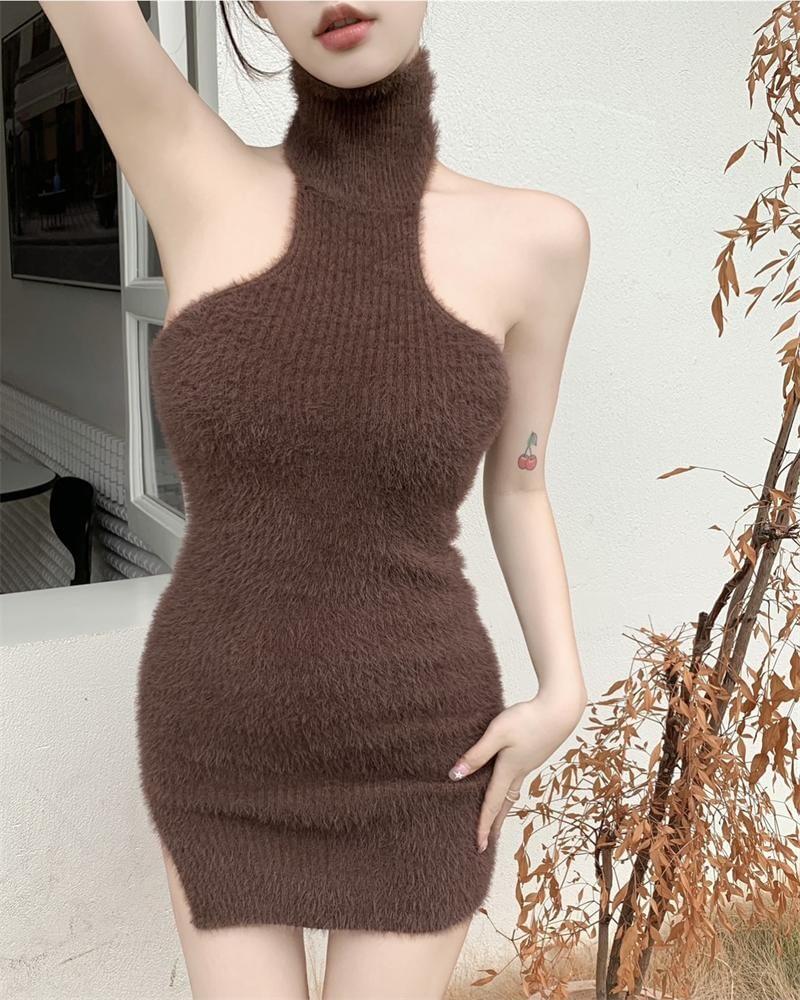 Halter Neck Sleeveless Plain Knit Mini Bodycon Dress Product Image