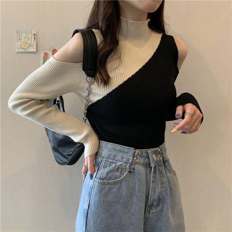 Cold-Shoulder Two Tone Ribbed Sweater Product Image