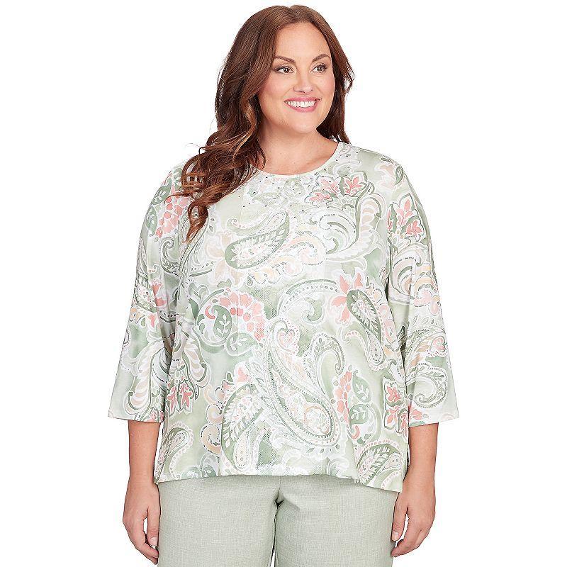 Plus Size Alfred Dunner Lacey Paisley Paneled Long Sleeve Top, Womens Lt Green Product Image