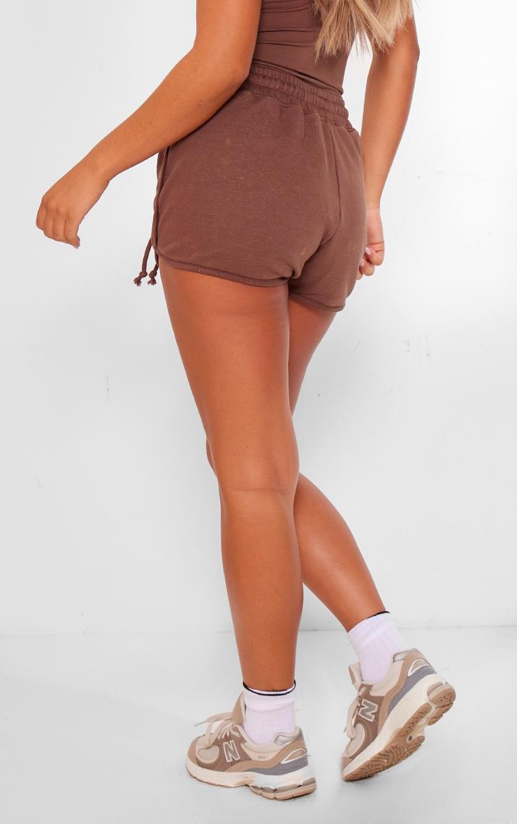 PRETTYLITTLETHING Chocolate Washed High Waist Runner Shorts Product Image