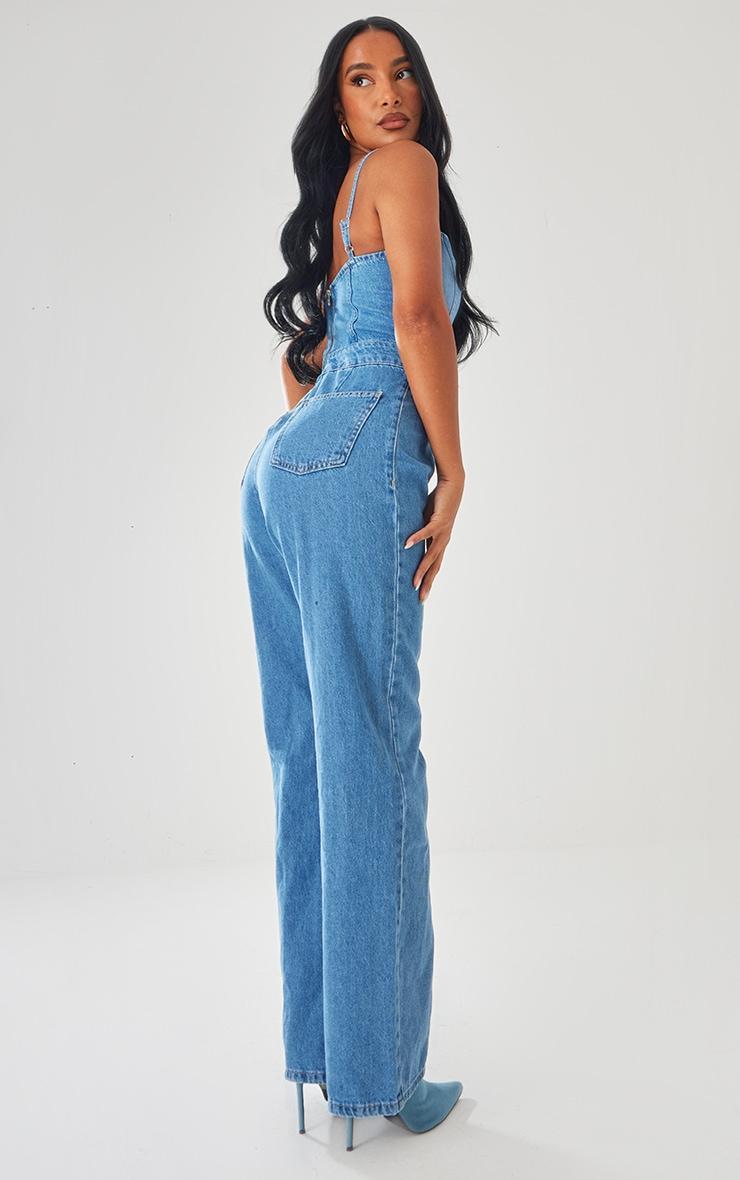 Mid Blue Wash Strappy Back Detail Denim Jumpsuit Product Image