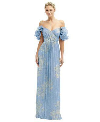 Womens Dramatic Ruffle Edge Convertible Strap Metallic Pleated Maxi Dress with Floral Gold Foil Print Product Image