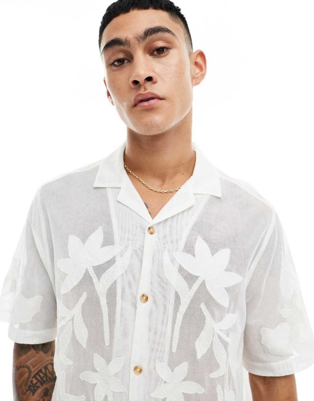 ASOS DESIGN short sleeve mesh revere shirt with embroidery in ecru  Product Image