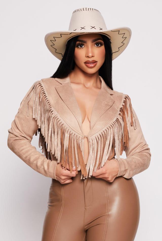 Womens Faux Suede Rhinestone Fringe Cropped Jacket Product Image