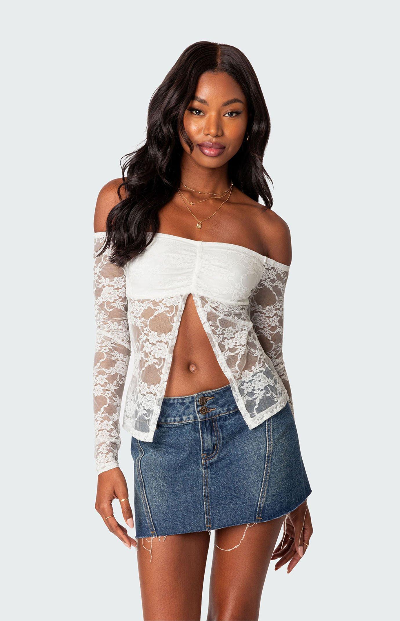 Edikted Women's Odessa Split Front Sheer Lace Top Product Image