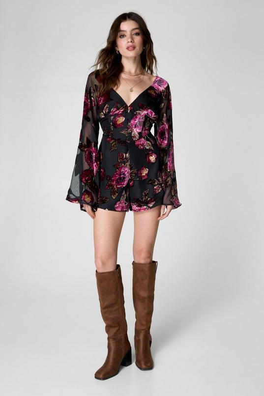 Floral Devore Corset Flippy Long Sleeve Romper Product Image