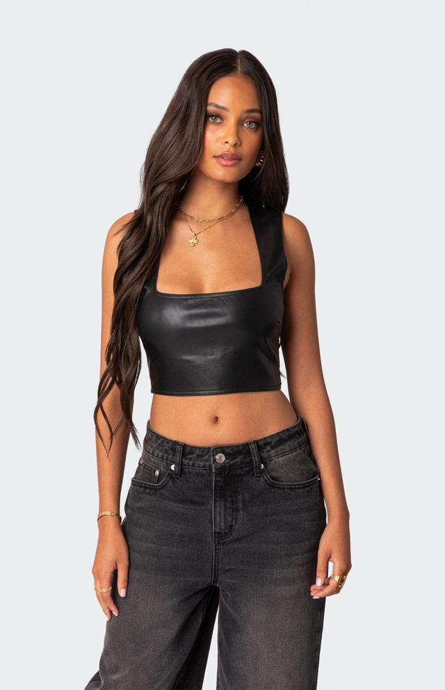 Edikted Womens Crescent Faux Leather Crop Top - Blackmall Product Image