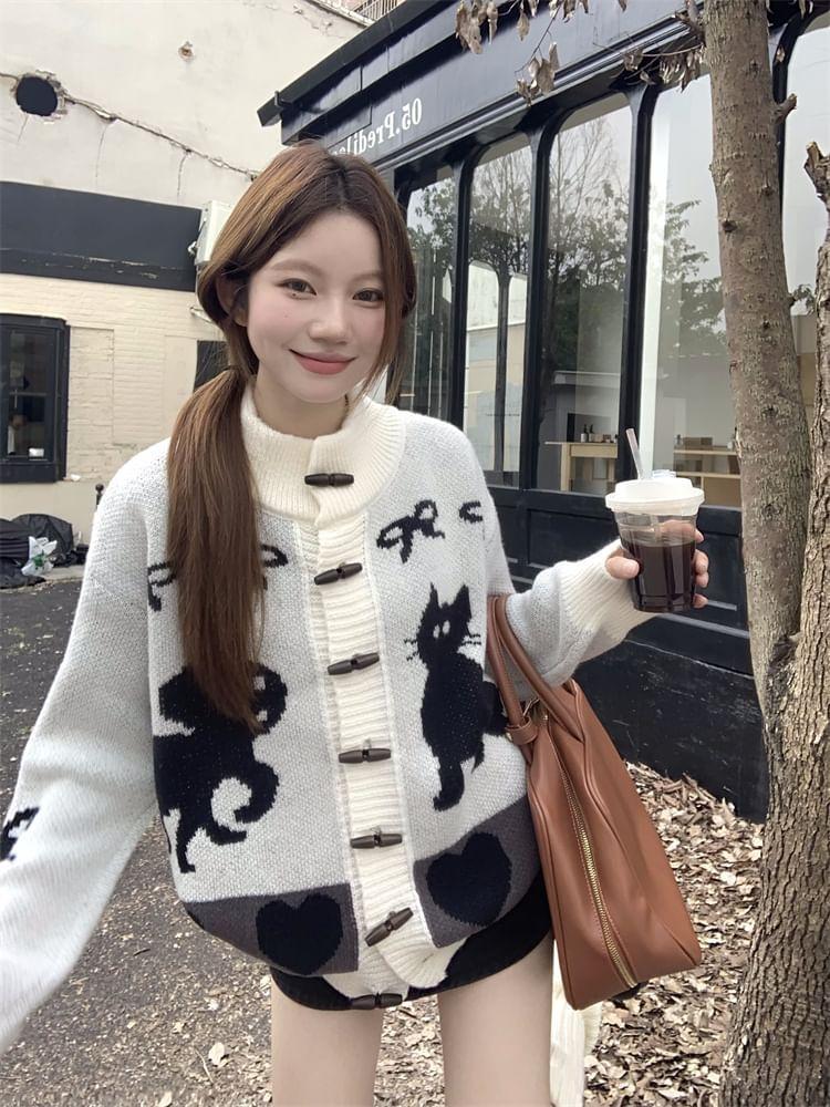 Stand Collar Cat Jacquard Toggle Cardigan Product Image