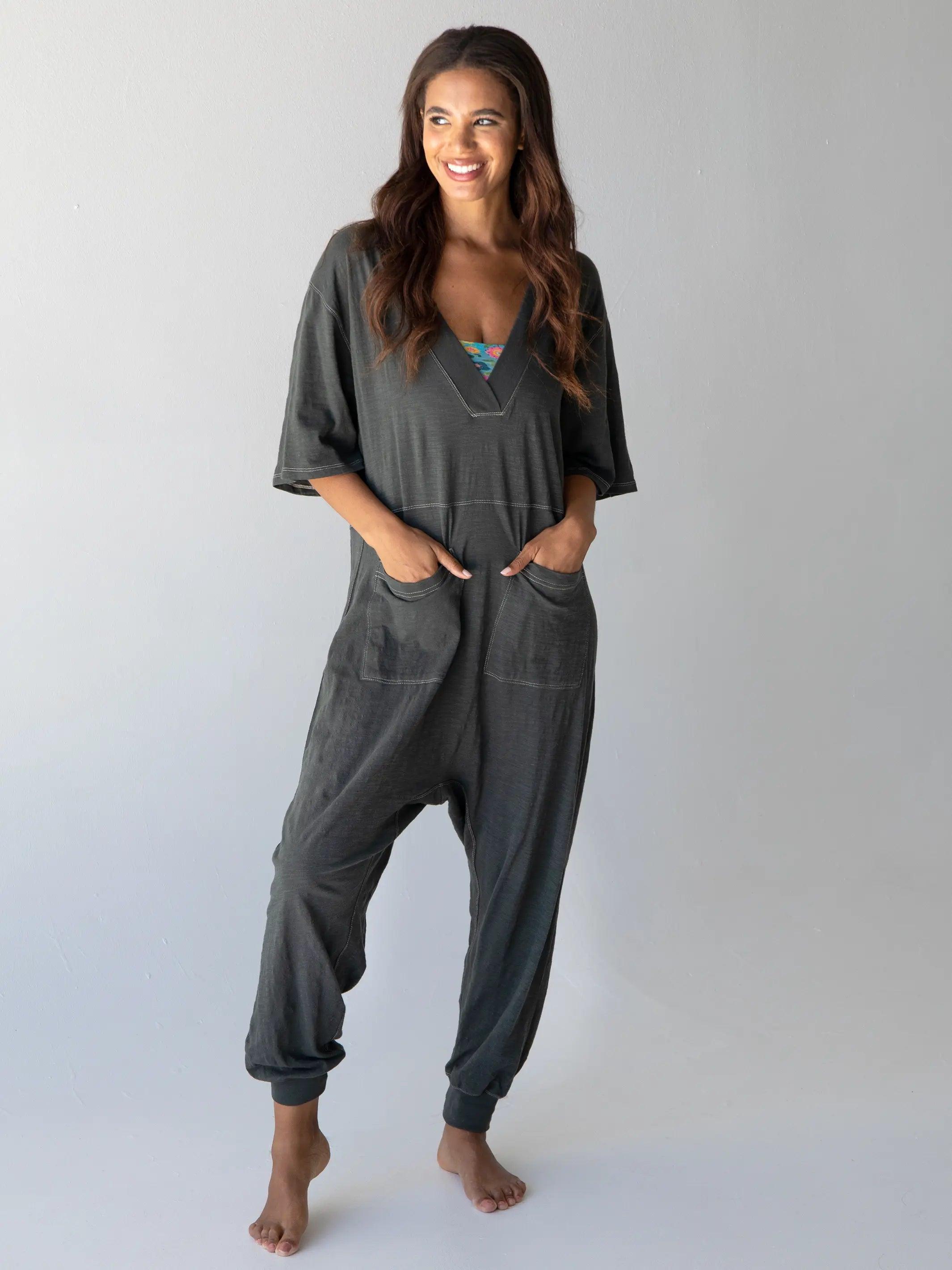 Charlie Cotton V-Neck Jumpsuit - Charcoal Product Image