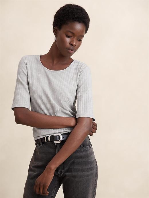 Wide-Ribbed Elbow-Sleeve Top Product Image