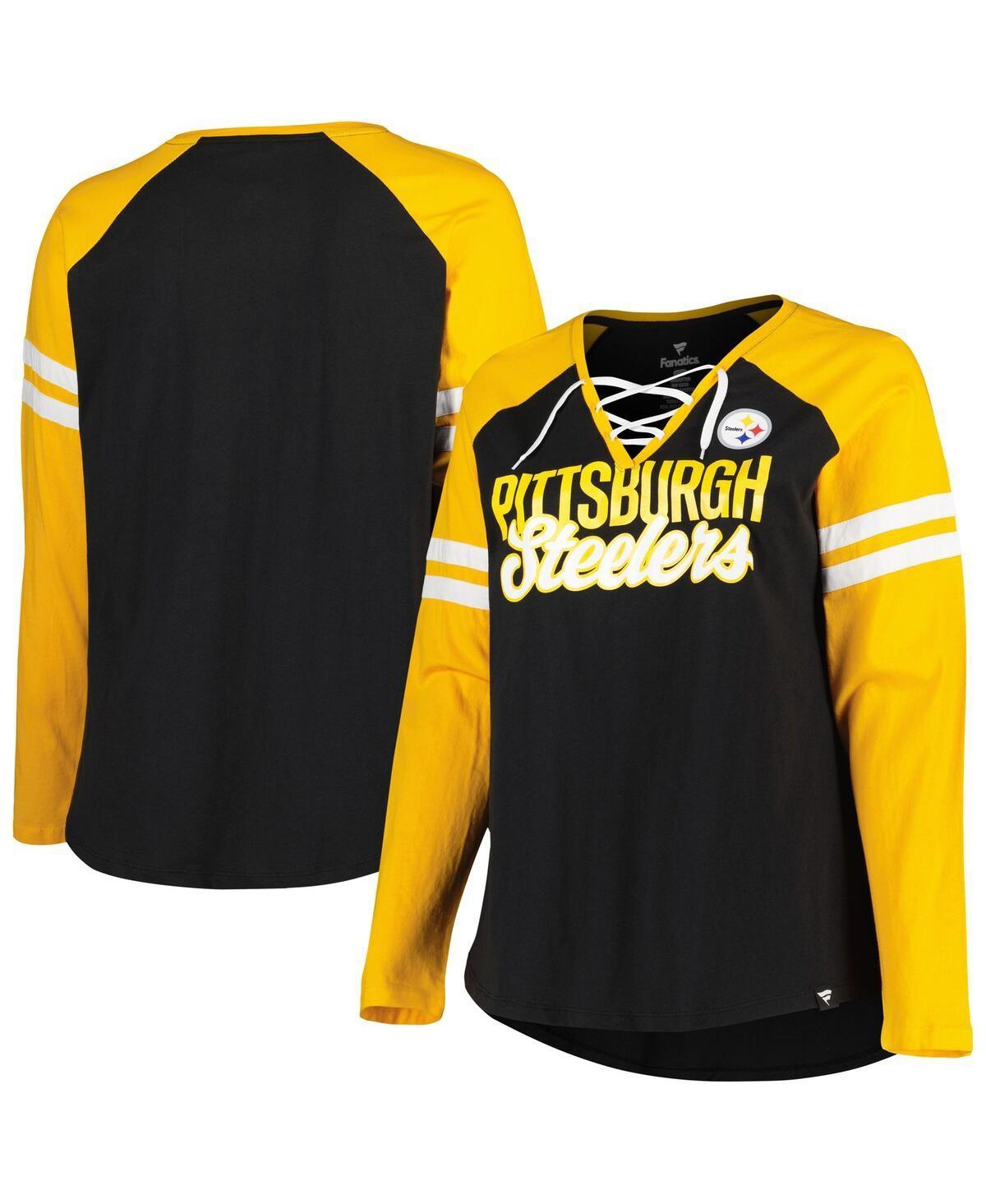 Womens Fanatics Branded /Gold Pittsburgh Steelers Plus Size True to Form Lace-Up V-Neck Raglan Long Sleeve T-Shirt Product Image