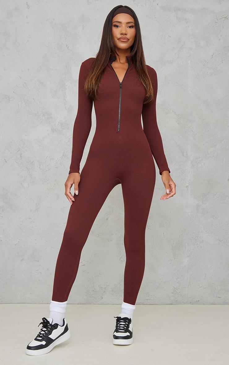 Chocolate Structured Snatched Rib Zip Jumpsuit Product Image