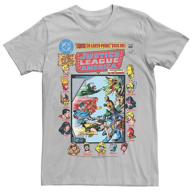 Mens Justice League Crisis On Earth Vintage Cover Tee Silver Product Image