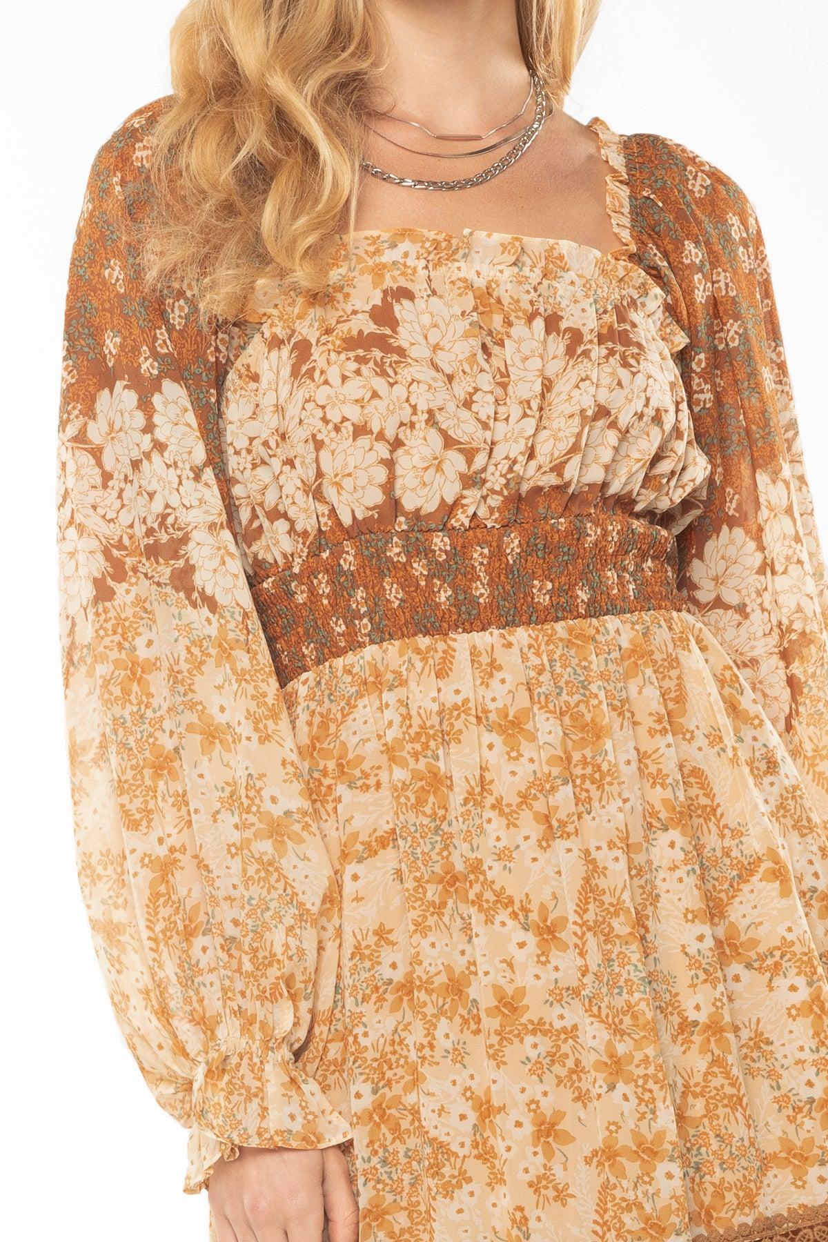 Mixed Orange Floral Smocked Dress Product Image