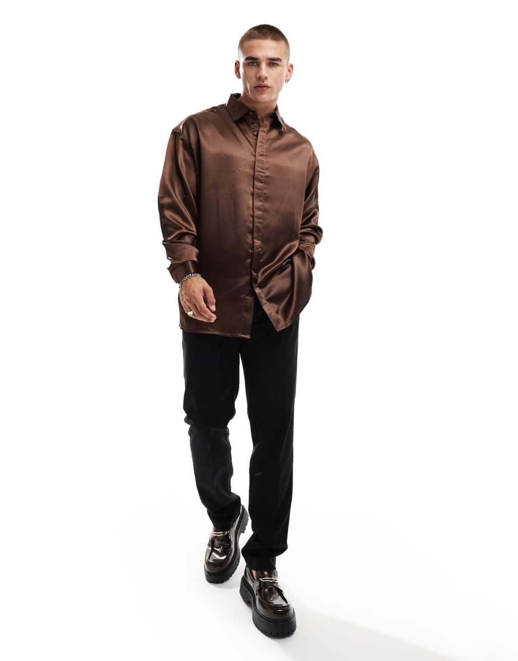 ASOS DESIGN oversized sateen shirt in dark brown Product Image