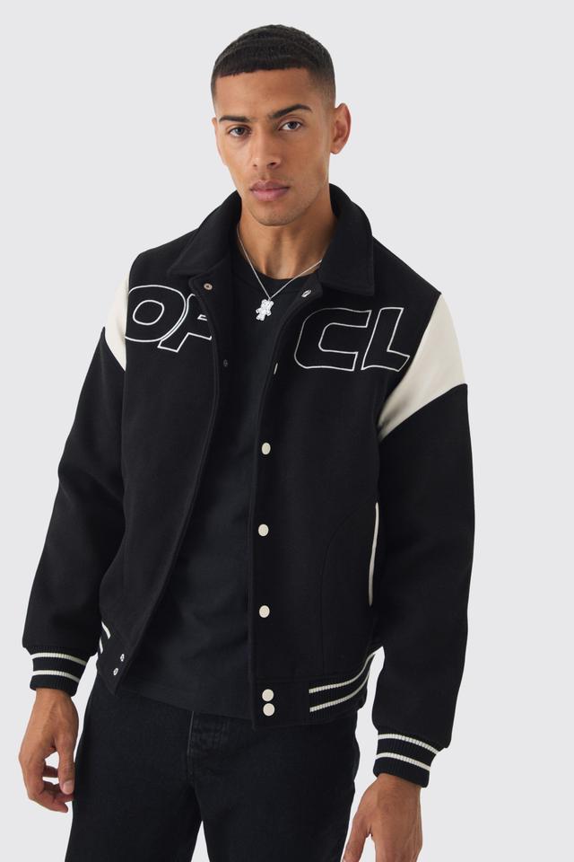 OFCL Collared Varsity Jacket In Black | boohooMAN USA Product Image