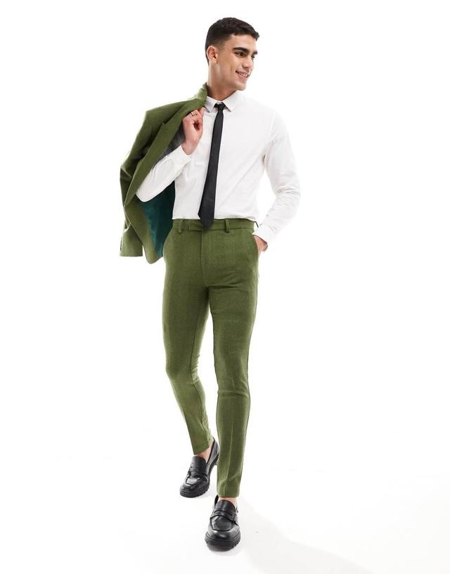 ASOS DESIGN Wedding skinny suit pants in olive herringbone Product Image