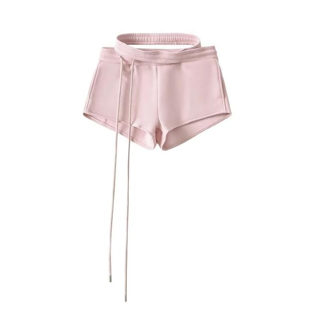 High Waist Plain Cutout Drawstring Shorts Product Image