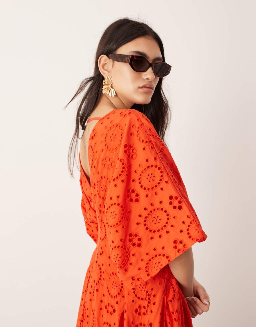 ASOS EDITION eyelet wide sleeve plunge midi dress in red Product Image