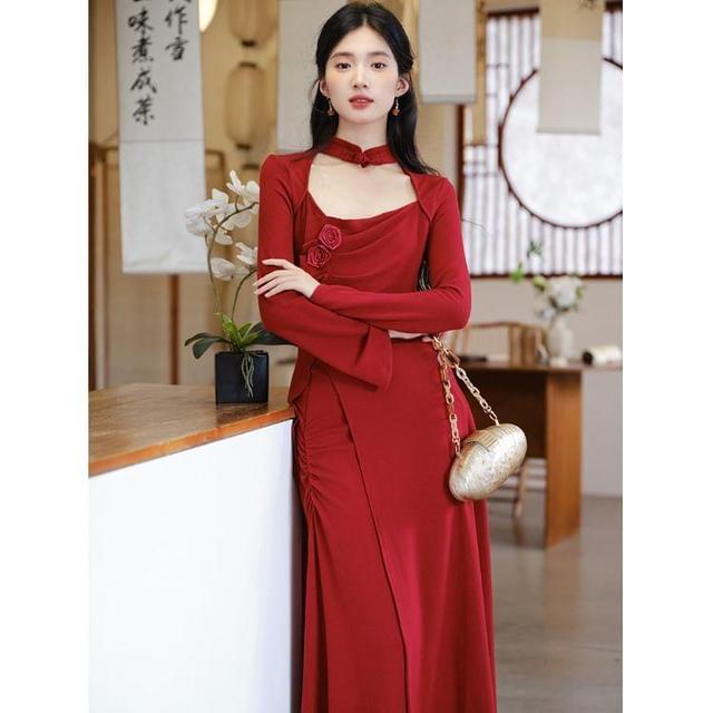 Long-Sleeve Stand Collar Plain Asymmetrical Cutout Ruched Maxi A-Line Dress Product Image