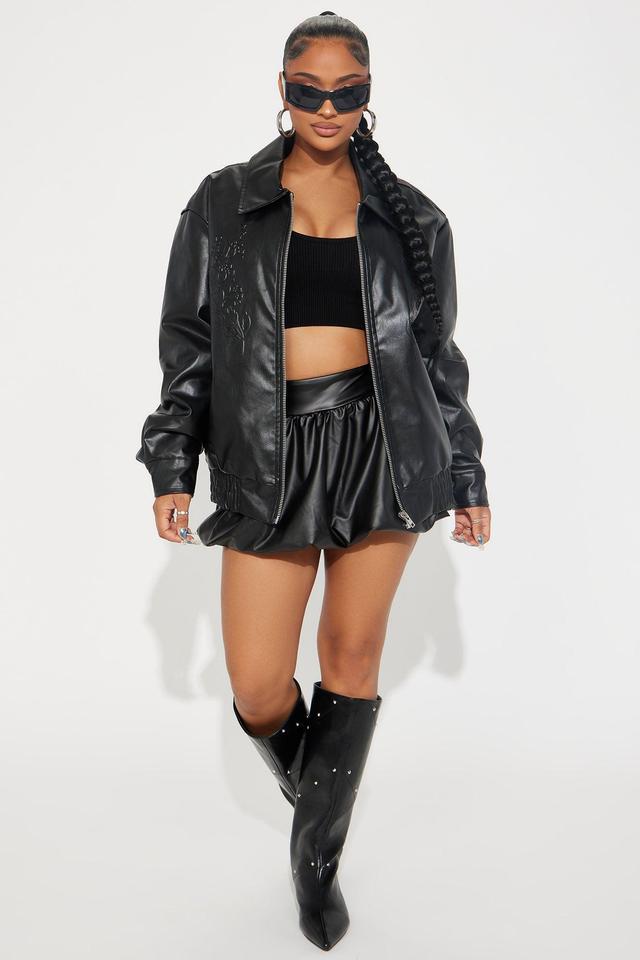 Just A Feeling Embossed Faux Leather Bomber Jacket - Black Product Image