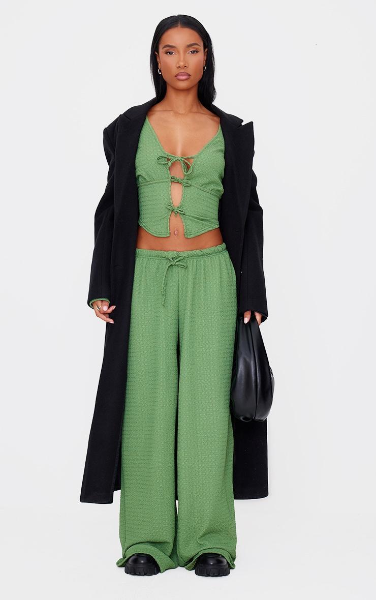 Khaki Textured Low Rise Wide Leg Pants Product Image